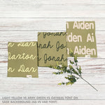 TinyBitz personalized boys knitted name blanket in sage background, perfect gift for birthdays and special occasions!