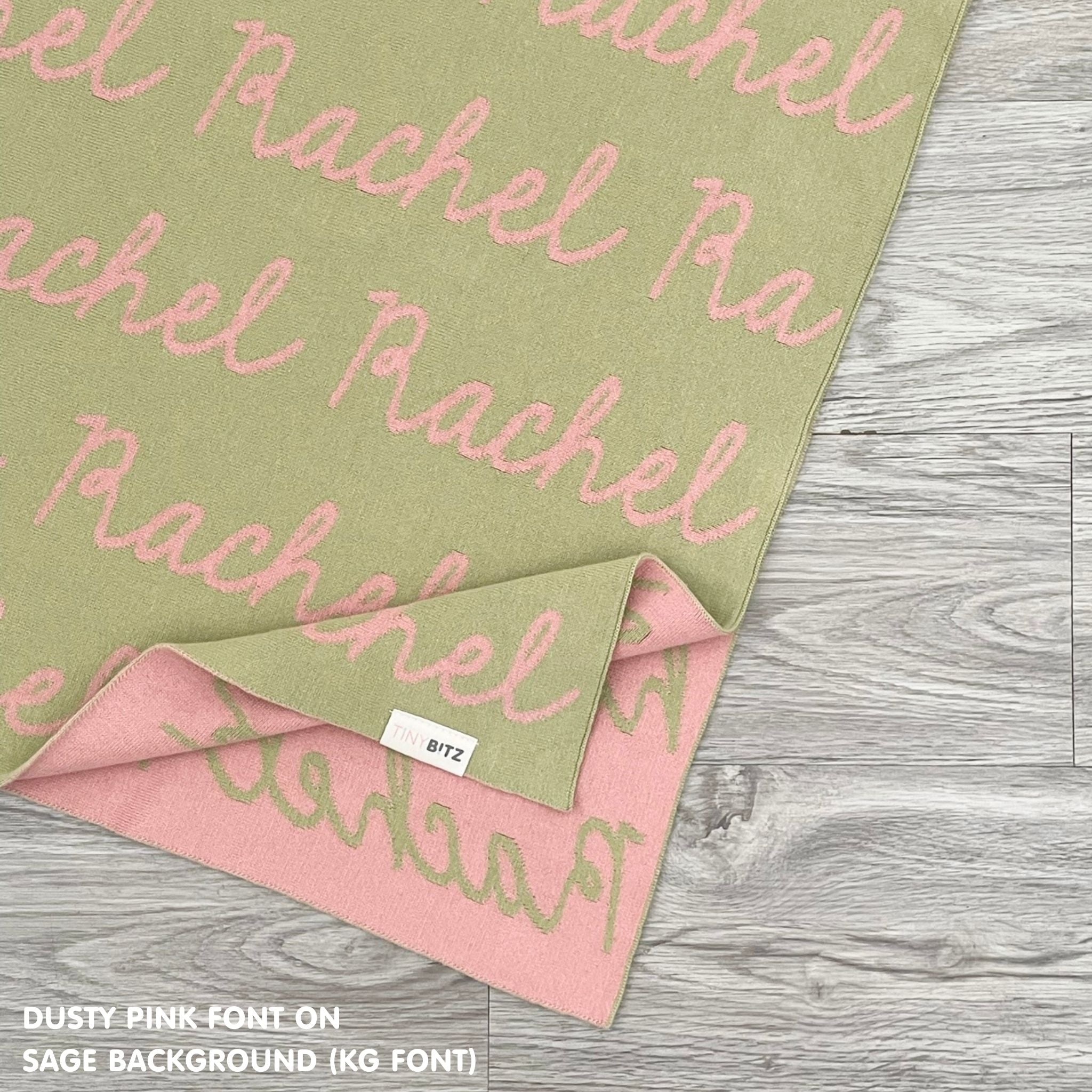 TinyBitz Kids Blanket in sage and dusty pink, personalized with child's name and made from 100% cotton.