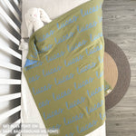 Cotton Kids Blanket with name knitted in sage and sky blue, made by TinyBitz.