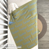 Cotton Kids Blanket with name knitted in sage and sky blue, made by TinyBitz.