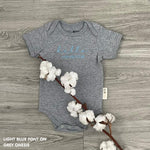 Organic cotton grey onesie for babies with embroidered name, personalized baby shower gift keepsake from TinyBitz.
