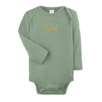 Custom name onesie in thyme, personalised baby clothing made with soft breathable fabric by TinyBitz.