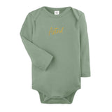 Custom name onesie in thyme, personalised baby clothing made with soft breathable fabric by TinyBitz.