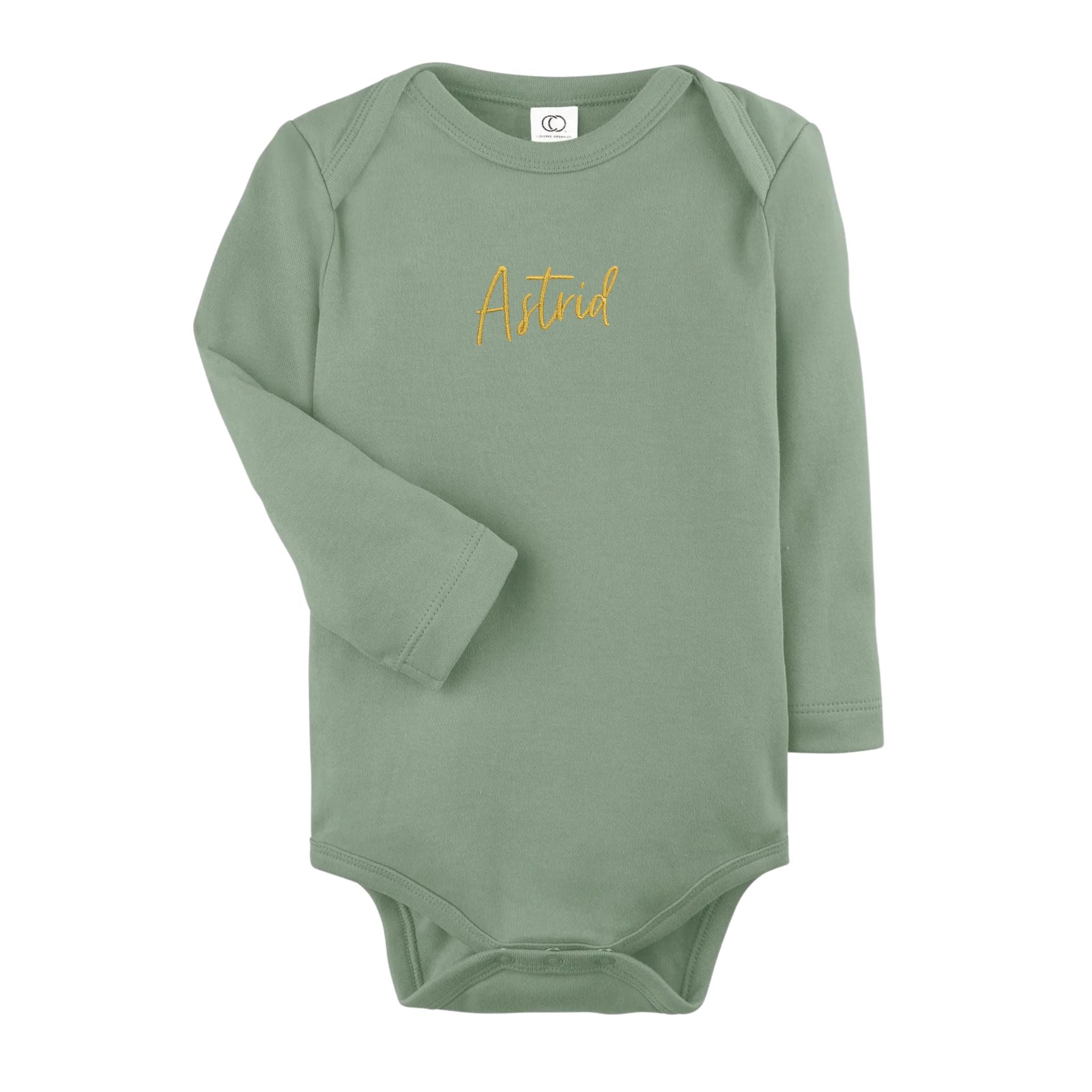 Custom name onesie in thyme, personalised baby clothing made with soft breathable fabric by TinyBitz.