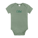 Organic cotton thyme onesie for babies with embroidered name, personalized baby shower gift keepsake from TinyBitz.