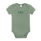 Organic cotton thyme onesie for babies with embroidered name, personalized baby shower gift keepsake from TinyBitz.