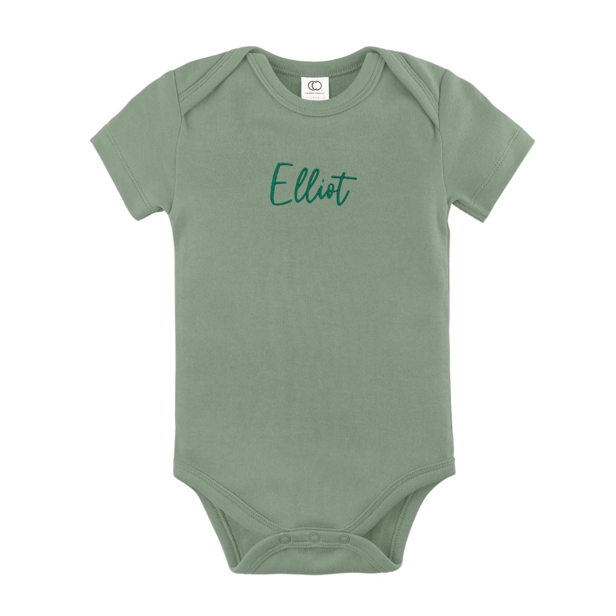 Organic cotton thyme onesie for babies with embroidered name, personalized baby shower gift keepsake from TinyBitz.