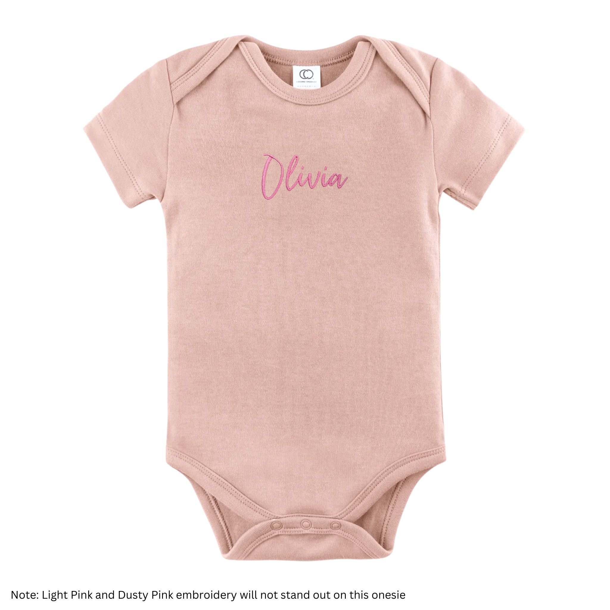 Custom name onesie in blush pink, personalised baby clothing made with soft breathable fabric by TinyBitz.