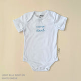 Organic cotton baby onesie with custom name, ideal for birth announcements, baby shower gifts, and keepsakes by TinyBitz.