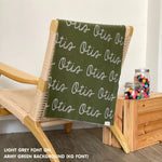 Personalised pet blanket for cats in army green and light grey knitted cotton, personalise your cat bed with custom knitted cat blanket by TinyBitz.