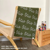 Personalised pet blanket for cats in army green and light grey knitted cotton, personalise your cat bed with custom knitted cat blanket by TinyBitz.