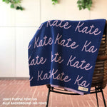 Personalised pet blanket with name Kate in blue and light purple, custom dog blanket by TinyBitz, cozy gift for dogs.