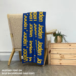 Personalised pet blanket in blue and mustard knitted cotton, cozy custom cat blanket by TinyBitz, perfect personalized gift for pet lovers.
