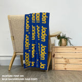 Personalised pet blanket in blue and mustard knitted cotton, cozy custom cat blanket by TinyBitz, perfect personalized gift for pet lovers.