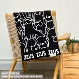 Personalised pet blanket for Corgi in charcoal and white knitted cotton, personalise your dog bed with custom knitted cat blanket by TinyBitz.