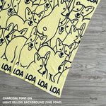 Personalised pet blanket for Corgi in light yellow and charcoal knitted cotton, custom knitted cat blanket by TinyBitz, perfect gift for dog lovers.