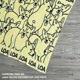 Personalised pet blanket for Corgi in light yellow and charcoal knitted cotton, custom knitted cat blanket by TinyBitz, perfect gift for dog lovers.