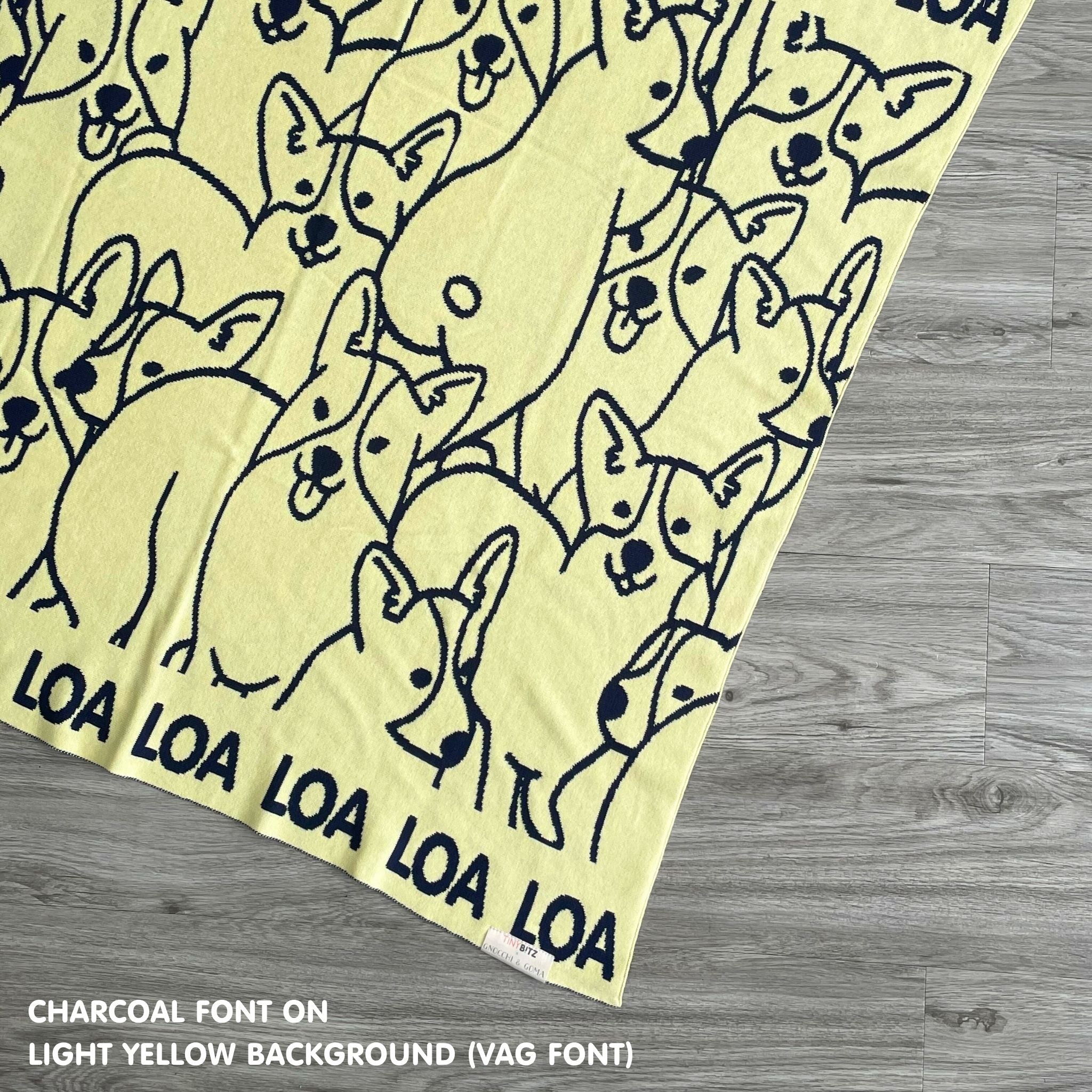 Personalised pet blanket for Corgi in light yellow and charcoal knitted cotton, custom knitted cat blanket by TinyBitz, perfect gift for dog lovers.