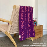 Personalised pet blanket with name Luka in eggplant and rose pink, custom dog blanket by TinyBitz, cozy gift for dogs.