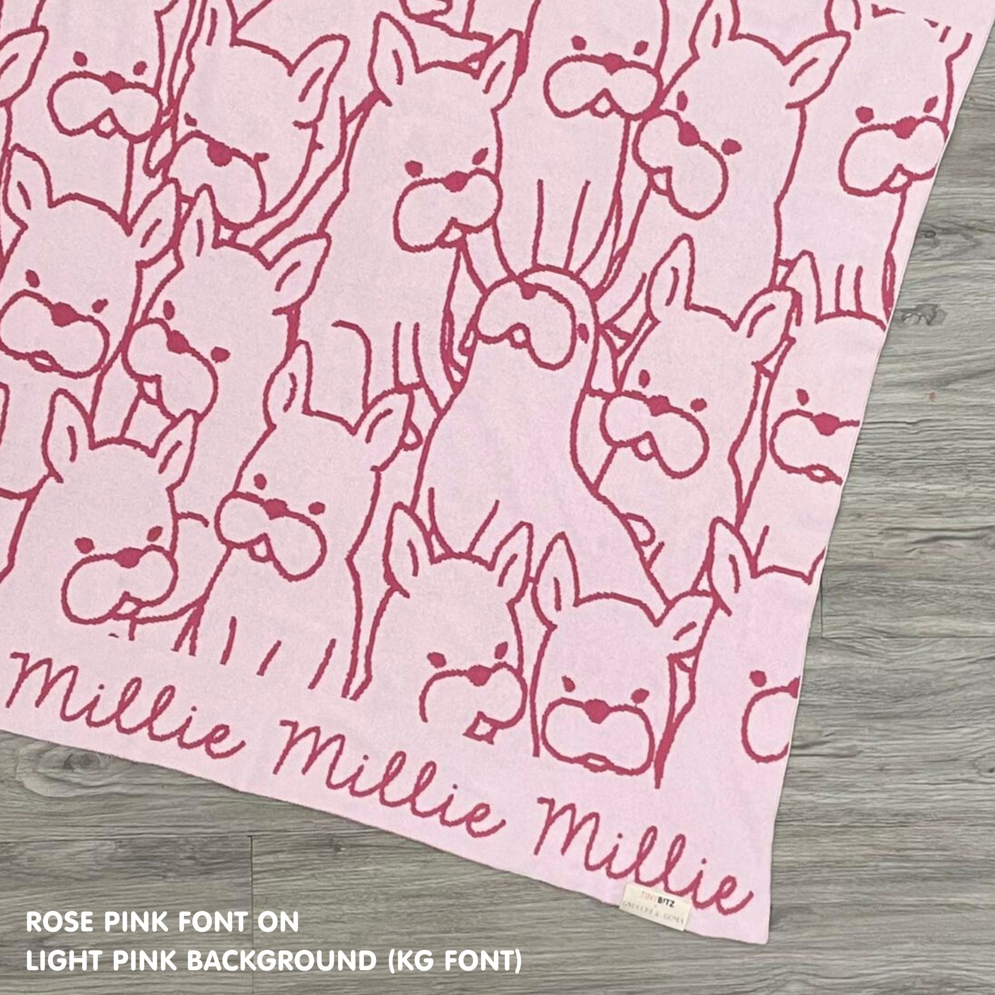 Personalised pet blanket for dogs in light pink and rose pink, custom knitted dog blanket by TinyBitz, cozy gift for small dogs.