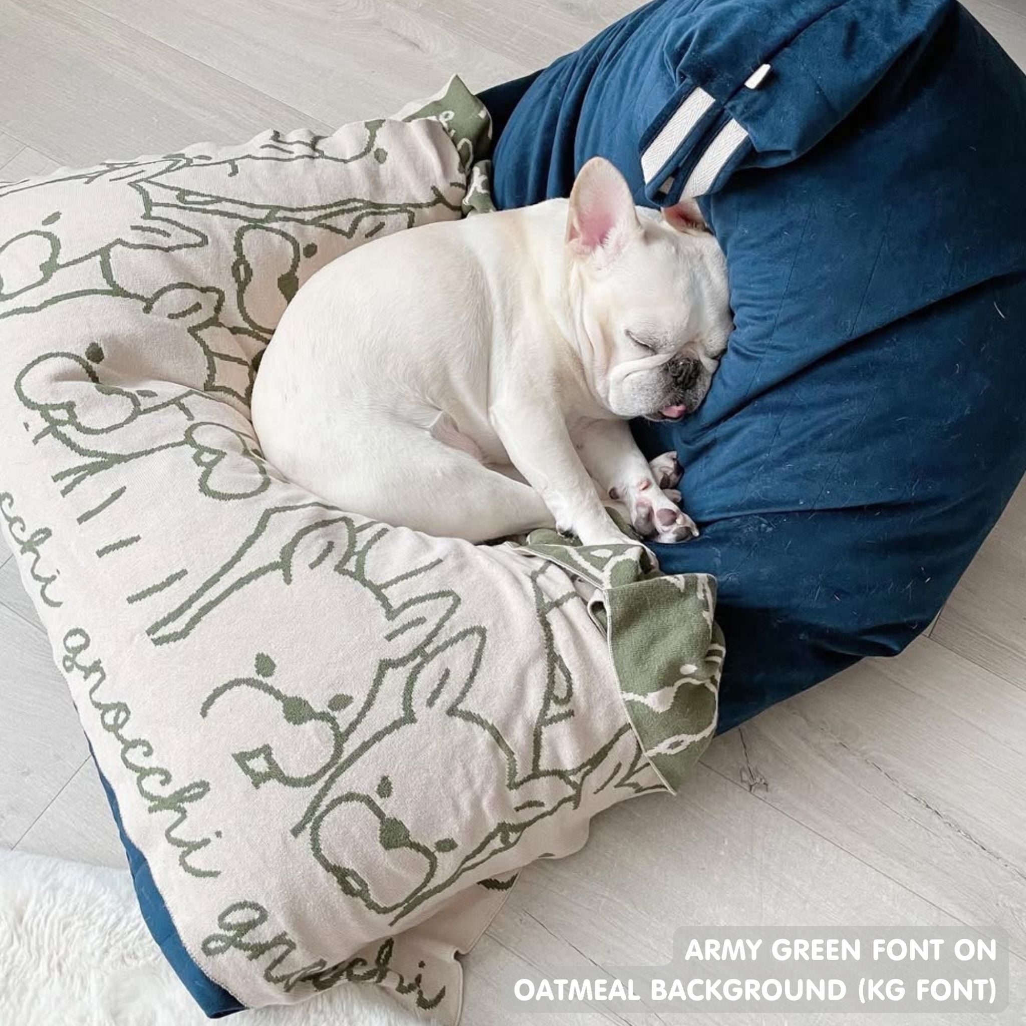 Personalised pet blanket for dogs in oatmeal and army green knitted cotton, custom knitted dog blanket by TinyBitz, perfect gift for dog lovers.