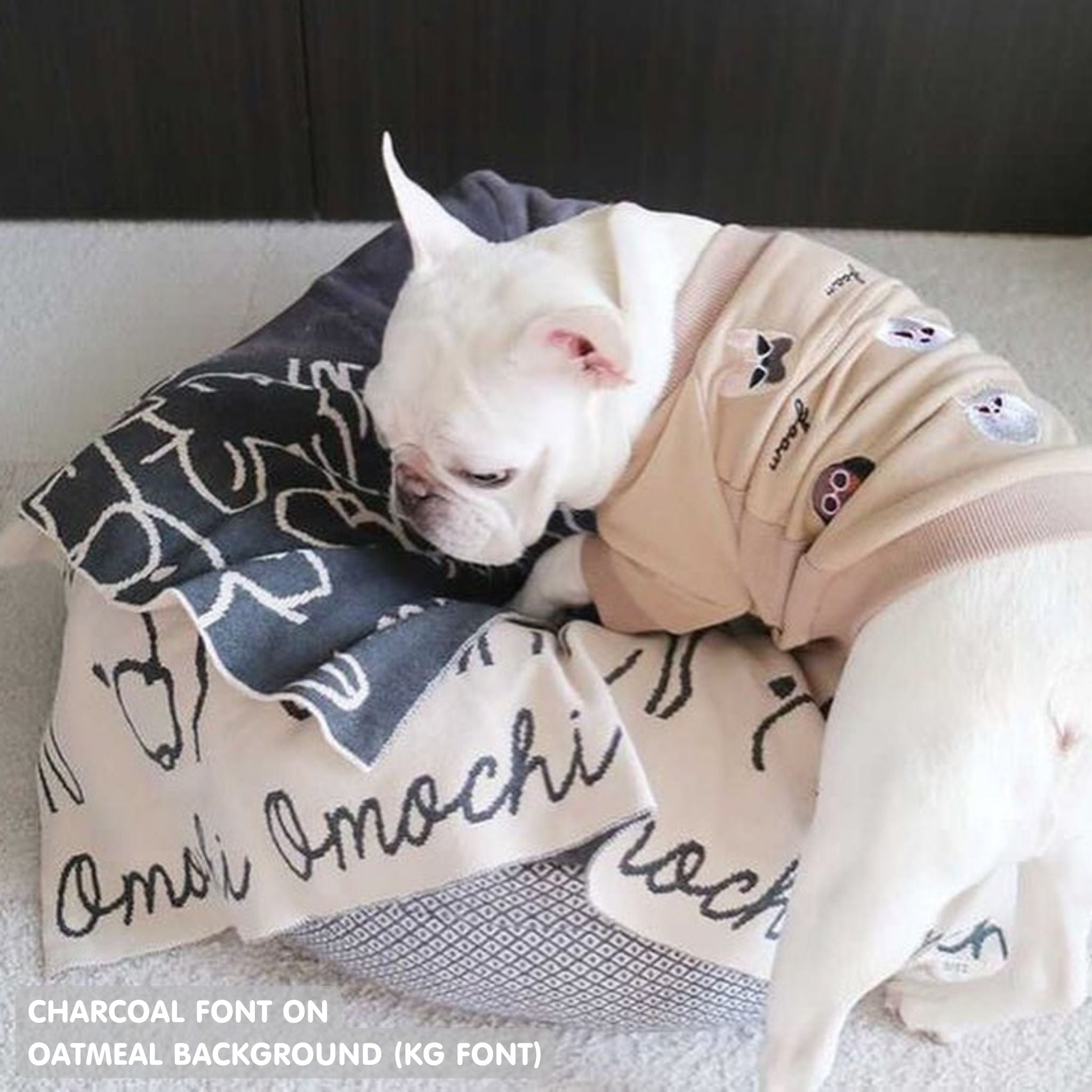 Personalised pet blanket in oatmeal and charcoal knitted cotton, cozy custom dog blanket by TinyBitz, perfect personalized gift for pet lovers.