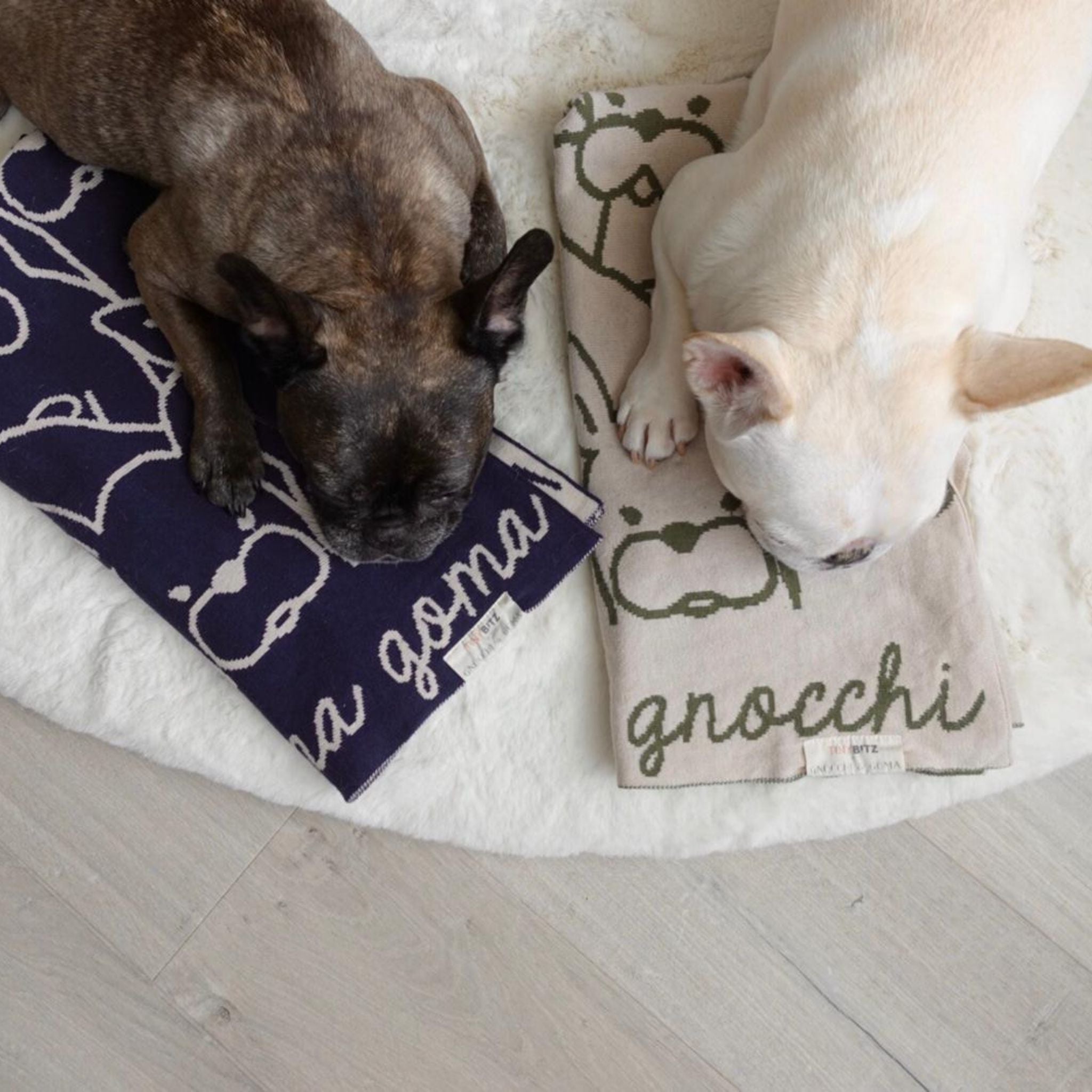 Personalised pet blanket for dogs in oatmeal and navy knitted cotton, custom knitted dog blanket by TinyBitz, perfect gift for dog lovers.