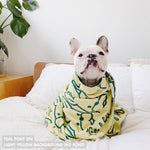 Personalised pet blanket for dogs in light yellow and teal knitted cotton, personalise your dog bed with custom knitted dog blanket by TinyBitz.