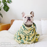 Personalised pet blanket for dogs in light yellow and teal knitted cotton, personalise your dog bed with custom knitted dog blanket by TinyBitz.