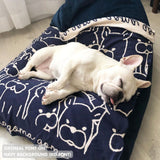 Personalised pet blanket for Frenchie in navy and oatmeal knitted cotton, custom knitted dog blanket by TinyBitz, perfect gift for dog lovers.