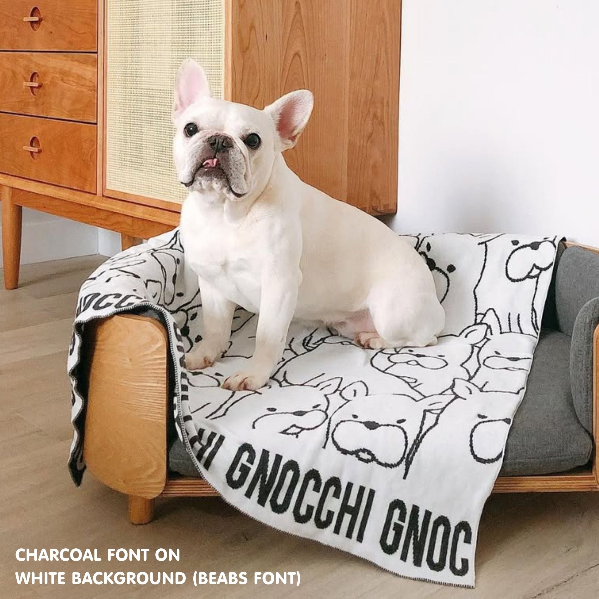 Personalised pet blanket for Frenchie in white and charcoal knitted cotton, custom dog blanket by TinyBitz, styled on modern wooden dog bed.