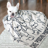 Personalised pet blanket for Frenchie in white and charcoal knitted cotton, custom knitted dog blanket by TinyBitz, perfect gift for dog lovers.