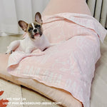 Personalised pet blanket for dogs in light pink and white knitted cotton, personalise your dog bed with custom knitted dog blanket by TinyBitz.