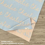 Personalised pet blanket with name Charlie in light blue and oatmeal, custom dog blanket by TinyBitz, cozy gift for dogs.