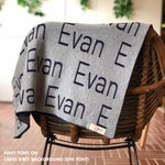 Personalised pet blanket in light grey and navy knitted cotton, custom knitted dog blanket by TinyBitz, perfect gift for dog lovers.