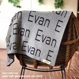 Personalised pet blanket in light grey and navy knitted cotton, custom knitted dog blanket by TinyBitz, perfect gift for dog lovers.