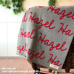 Personalised pet blanket for cats in light grey and red knitted cotton, personalise your cat bed with custom knitted cat blanket by TinyBitz.