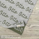 Personalised pet blanket for cats in light grey and army green knitted cotton, personalise your cat bed with custom knitted cat blanket by TinyBitz.