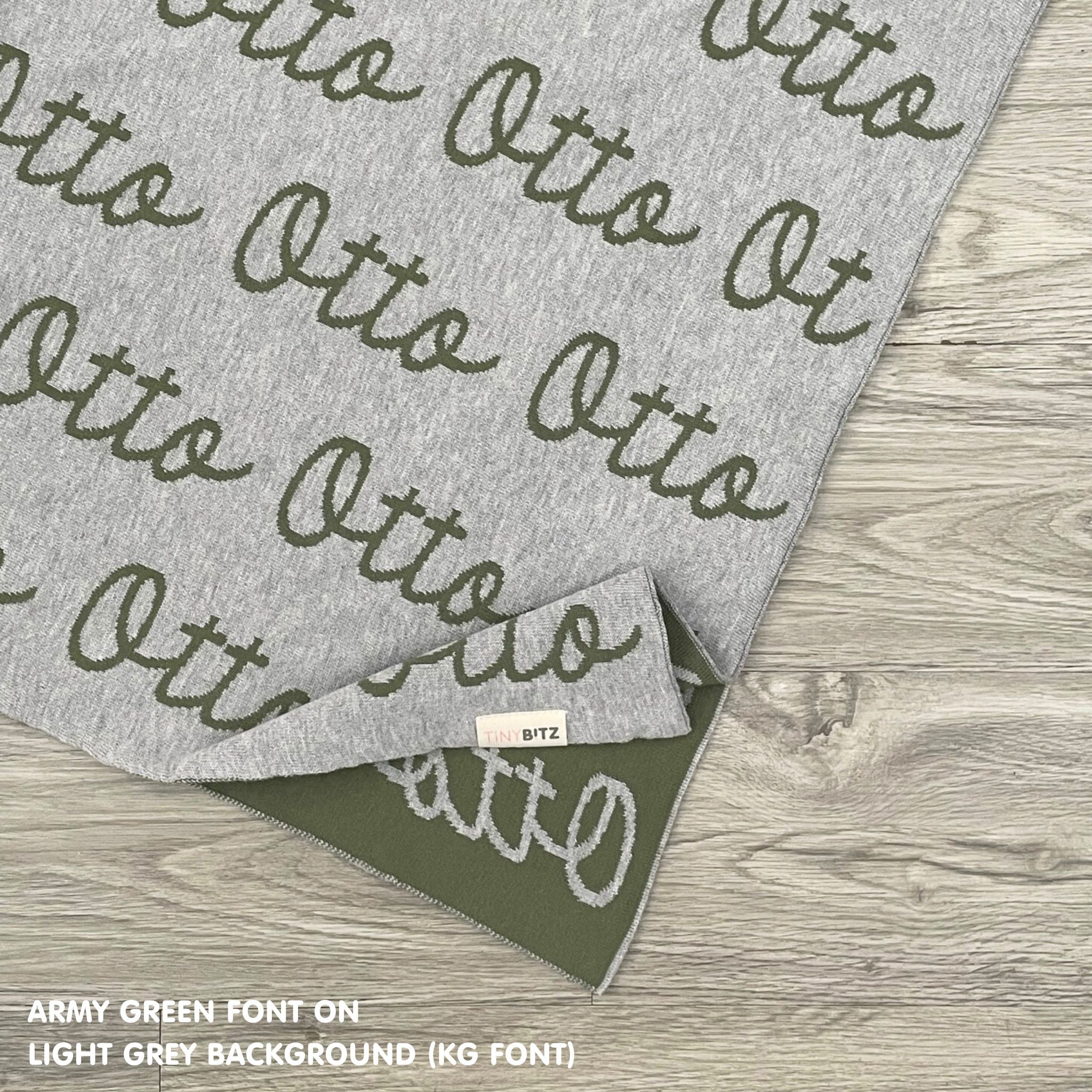 Personalised pet blanket for cats in light grey and army green knitted cotton, personalise your cat bed with custom knitted cat blanket by TinyBitz.