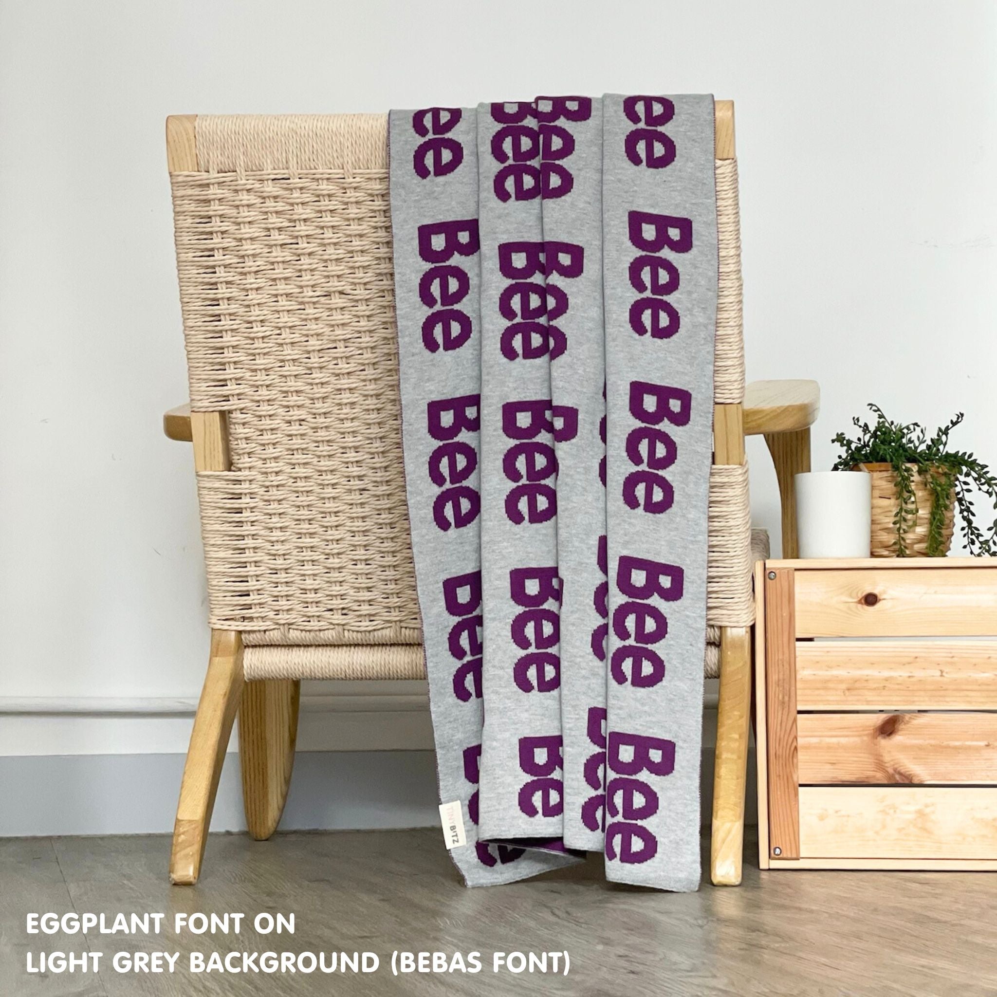 Personalised pet blanket in light grey and eggplant knitted cotton, cozy custom cat blanket by TinyBitz, perfect personalized gift for pet lovers.