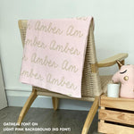 Personalised pet blanket in light pink and oatmeal knitted cotton, custom knitted dog blanket by TinyBitz, perfect gift for dog lovers.