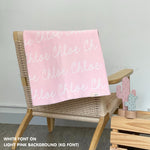 Personalised pet blanket in light pink and white knitted cotton, cozy custom cat blanket by TinyBitz, perfect personalized gift for pet lovers.