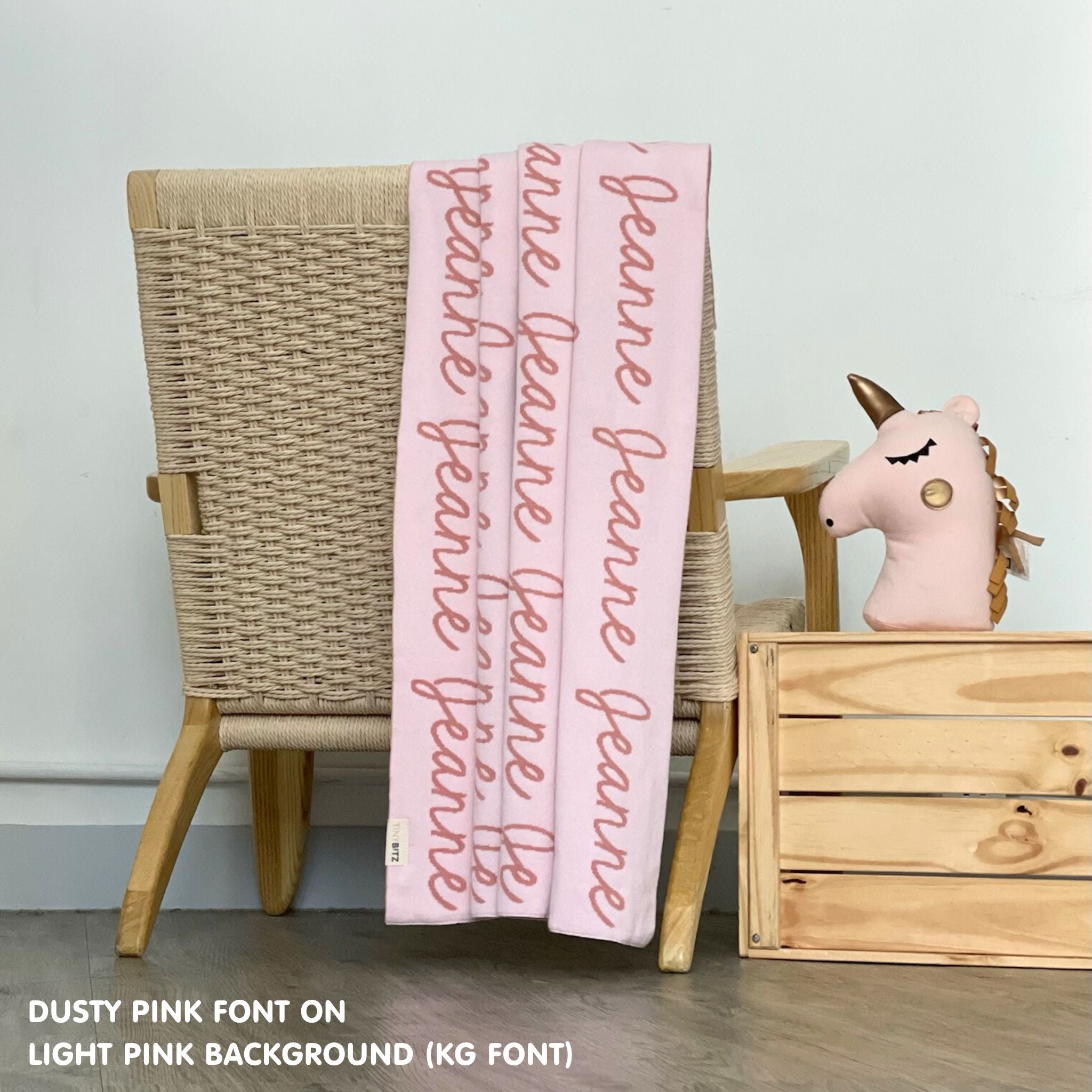 Personalised pet blanket for cats in light pink and dusty pink knitted cotton, personalise your cat bed with custom knitted cat blanket by TinyBitz.