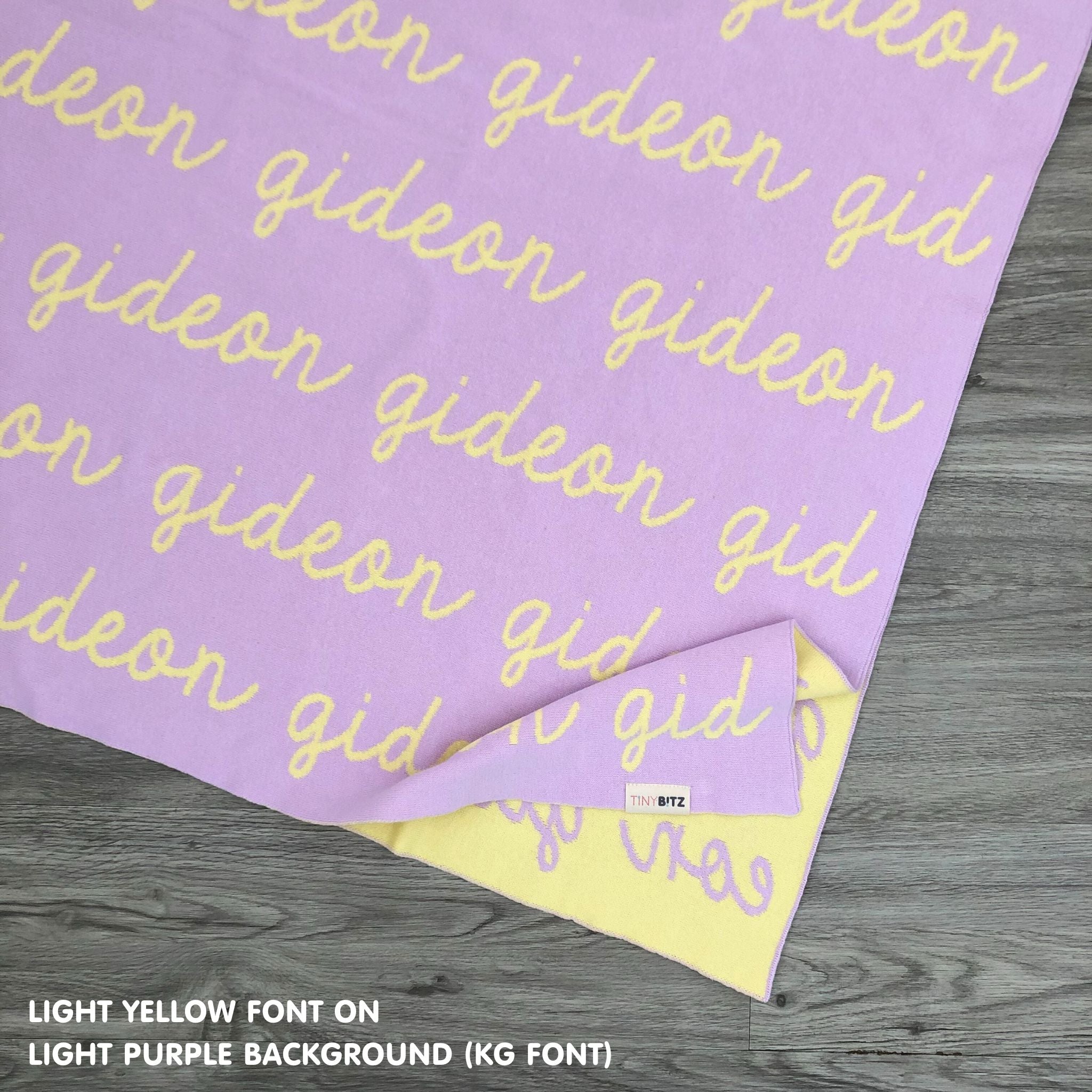 Personalised pet blanket with name Luka in light purple and light yellow, custom dog blanket by TinyBitz, cozy gift for dogs.