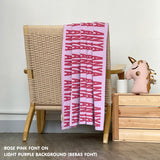 Personalised pet blanket in light purple and rose pink knitted cotton, custom knitted dog blanket by TinyBitz, perfect gift for dog lovers.