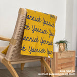 Personalised pet blanket in mustard and blue knitted cotton, custom knitted dog blanket by TinyBitz, perfect gift for dog lovers.