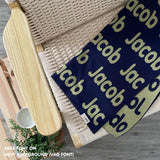 Personalised pet blanket for cats in navy and sage knitted cotton, personalise your cat bed with custom knitted cat blanket by TinyBitz.