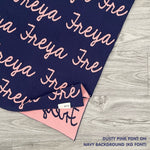 Personalised pet blanket in navy and dusty pink knitted cotton, custom knitted dog blanket by TinyBitz, perfect gift for dog lovers.