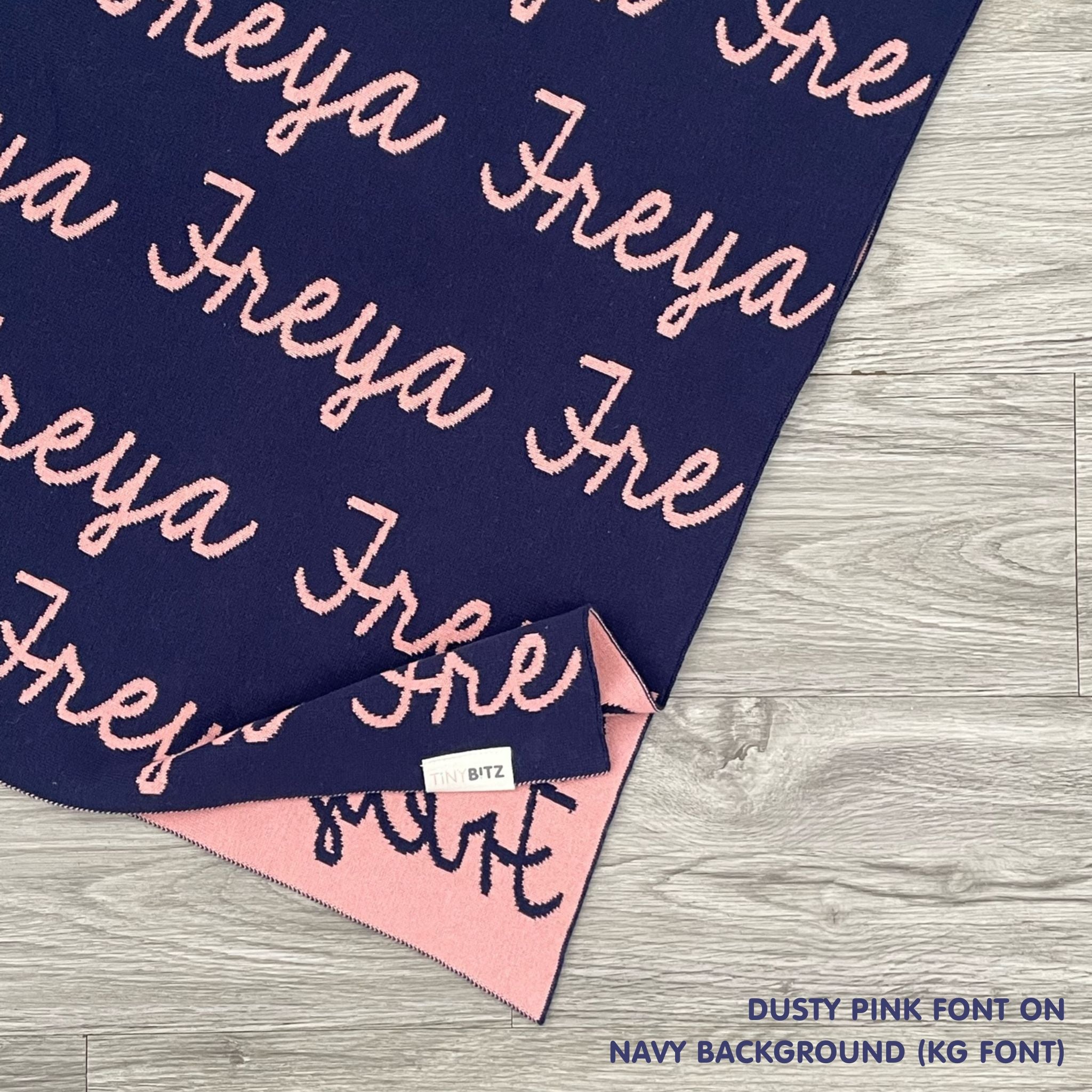 Personalised pet blanket in navy and dusty pink knitted cotton, custom knitted dog blanket by TinyBitz, perfect gift for dog lovers.