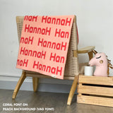 Personalised pet blanket for dogs in peach and coral, custom knitted dog blanket by TinyBitz, cozy gift for small dogs.
